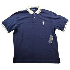 Polo Ralph Lauren Mesh Polo Shirt Mens large Navy Blue Striped Trim Mosture NEW